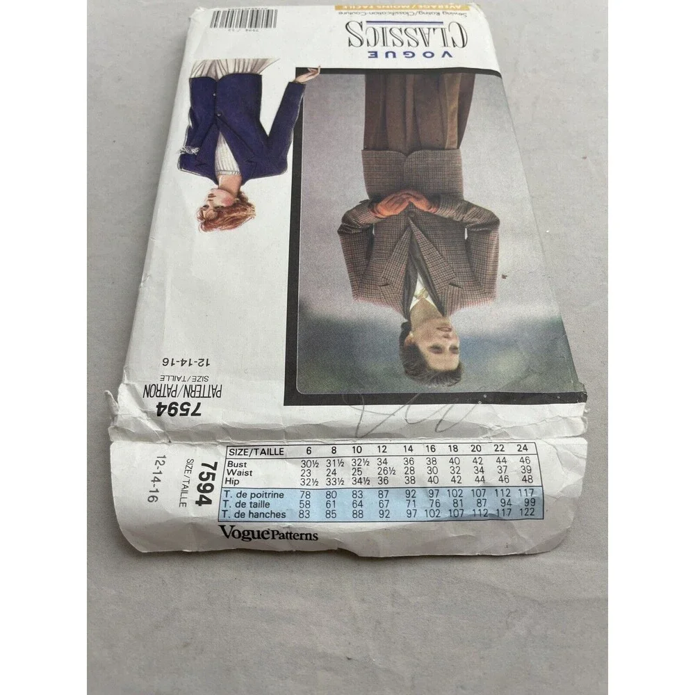 Vogue Classics 7594 Misses Petite Jacket Sizes 12 14 16 Sewing Pattern Vtg 1989